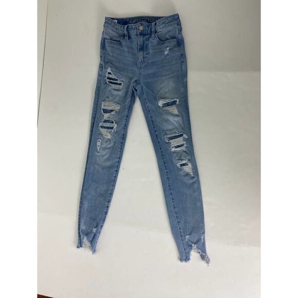 American Eagle Super Hi-Rise Jegging Light Wash Distressed Stretch - Size 0 - Picture 1 of 11